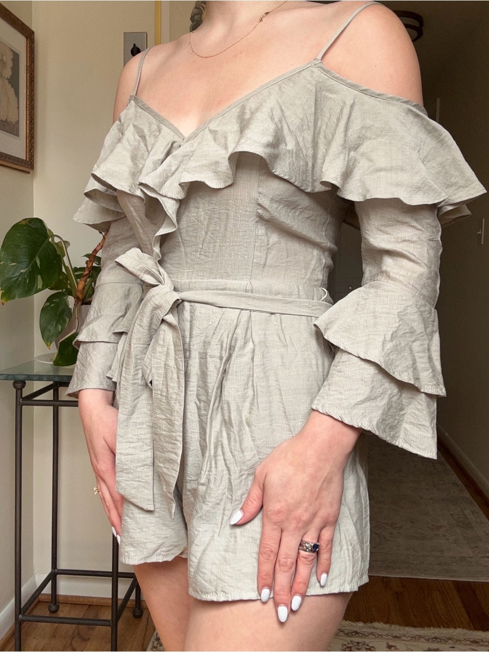 Blue Blush Off-Shoulder Ruffle Tie-Waist Mini Romper — Light Moss